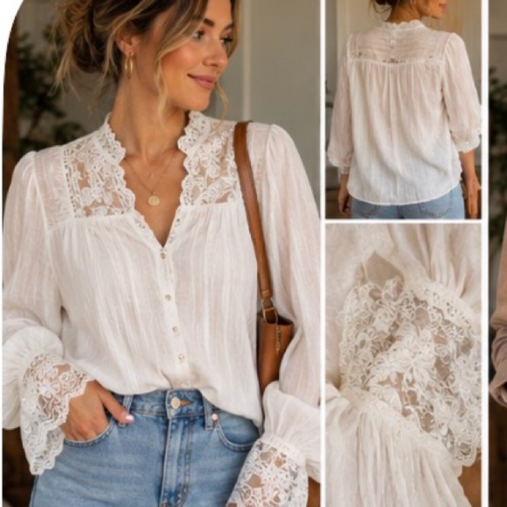 White Lace Trim Button-Front Women's Blouse